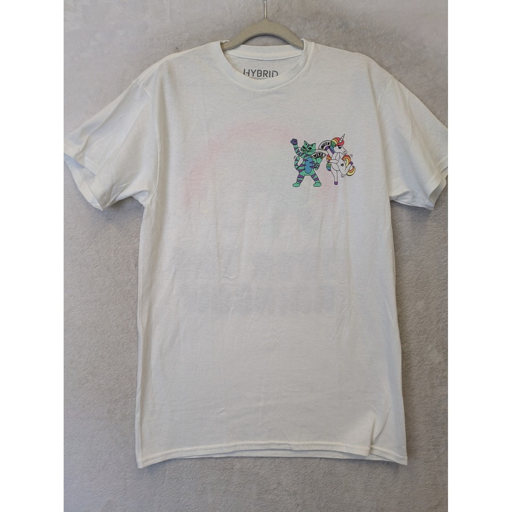 Hybrid Apparel Graphic T-Shirt Men's Medium White Rainbow Cat Unicorn Werk Pride